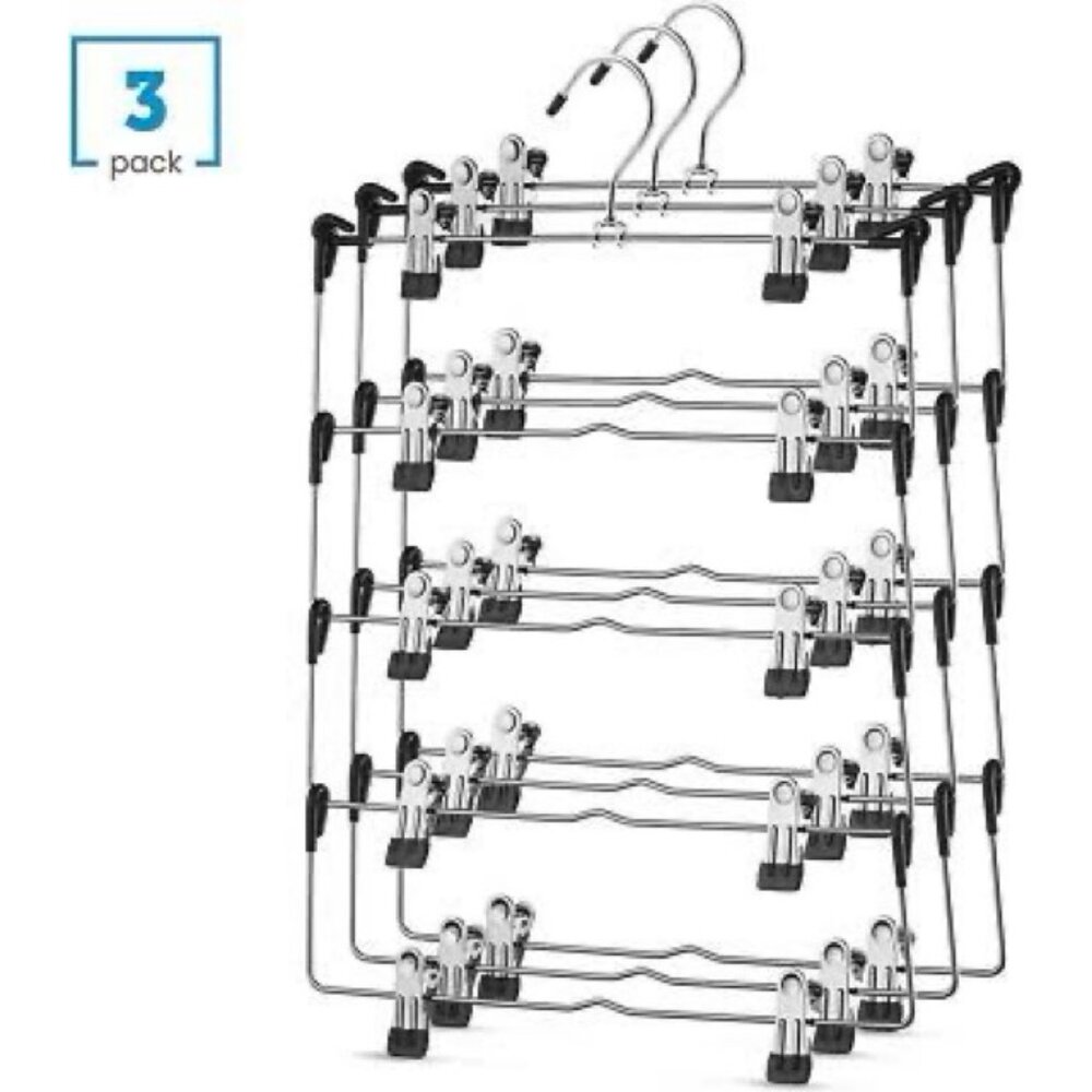 Space Saving 5 Tier Metal Skirt Hanger with Clips (3 Pack)